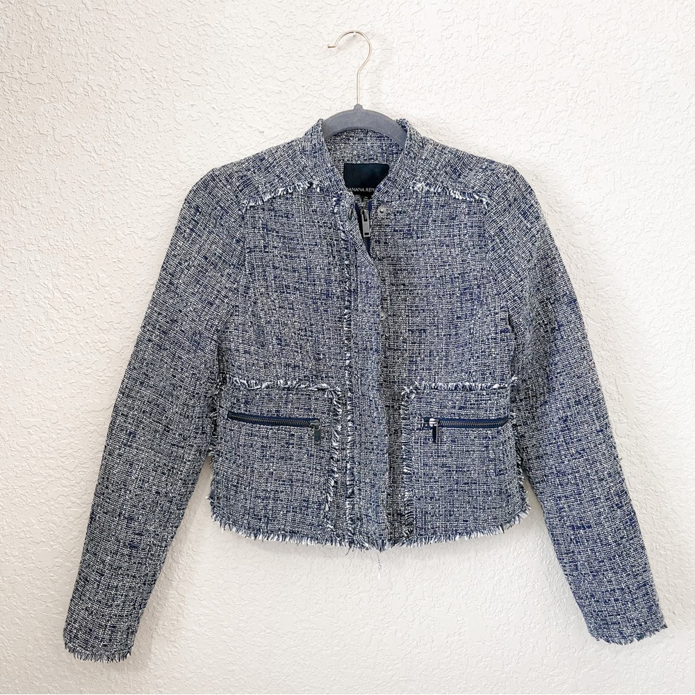 Banana Republic Navy White Tweed Blazer Zip Jacket Size 0
